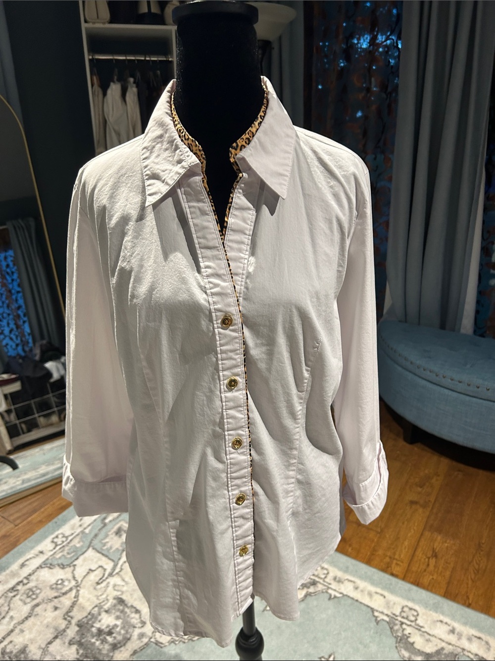 Zac & Rachel White Button-Down Shirt with Leopard Trim